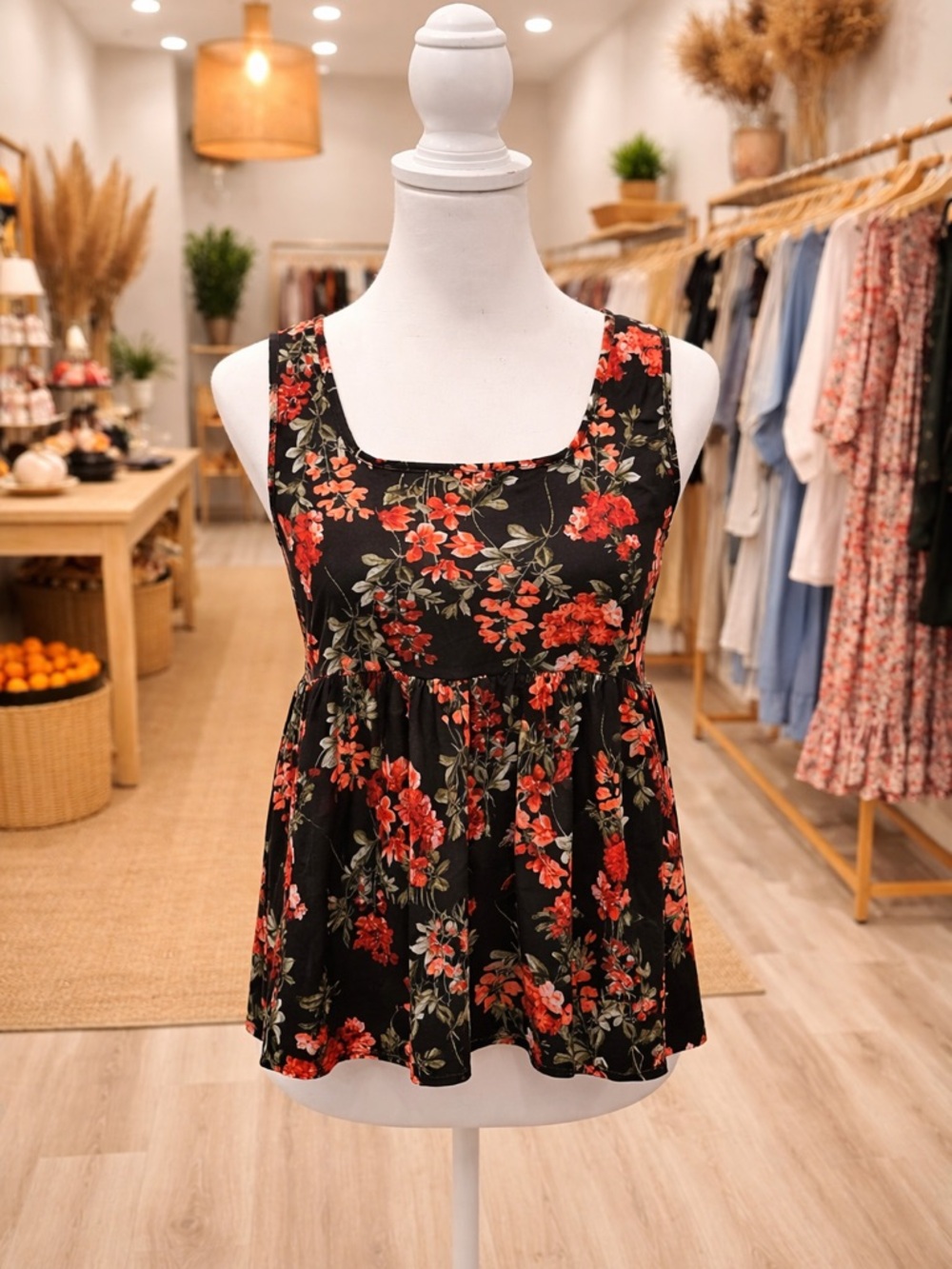 White Birch Black Floral Babydoll Tank Top Small/Medium Red Flower Flowy NWOT